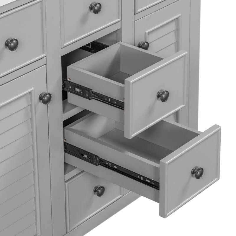 36" Modern Bathroom Vanity Cabinet Base in Grey with Two Cabinets, Five Drawers & Open Storage Shelf, Solid Wood Frame