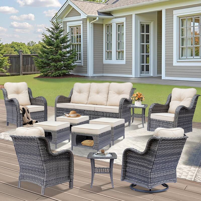 Gray Wicker Outdoor Patio Furniture Set with Swivel Rocker Patio Chairs - Beige - 11 Piece