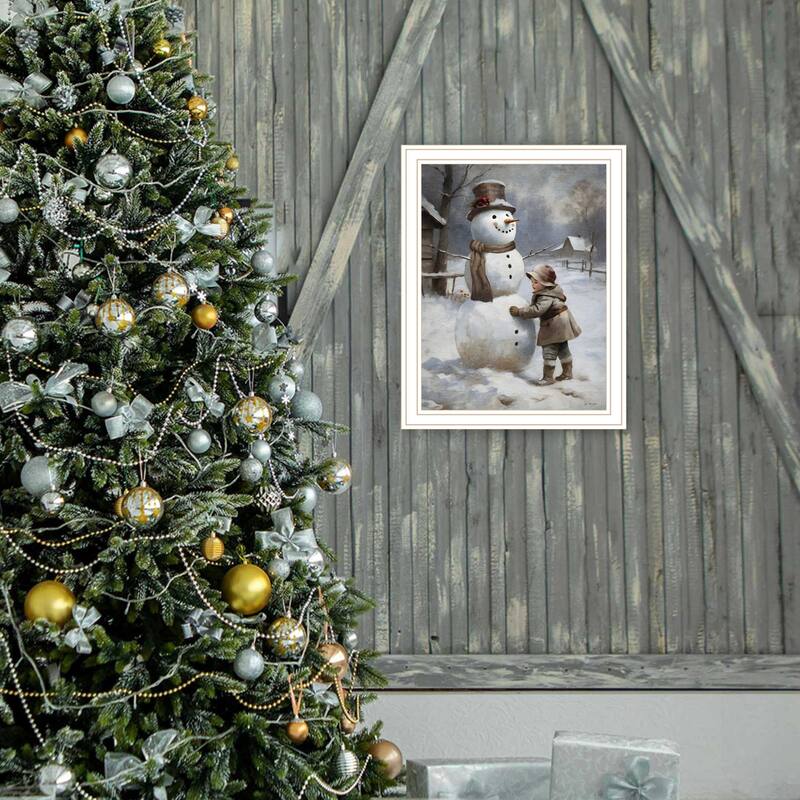 Framed Wall Art - Finishing Touch on the Snowman, White Frame