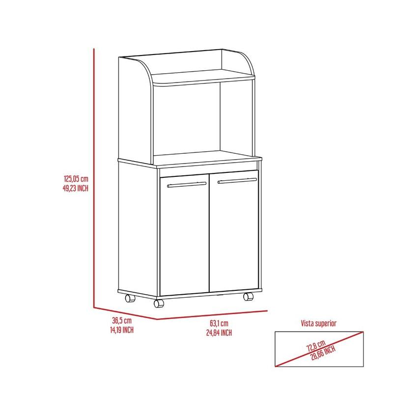 White 1-Shelf 2-Door Kitchen Pantry with Countertop & Caster Wheels, Microwave Storage Solution