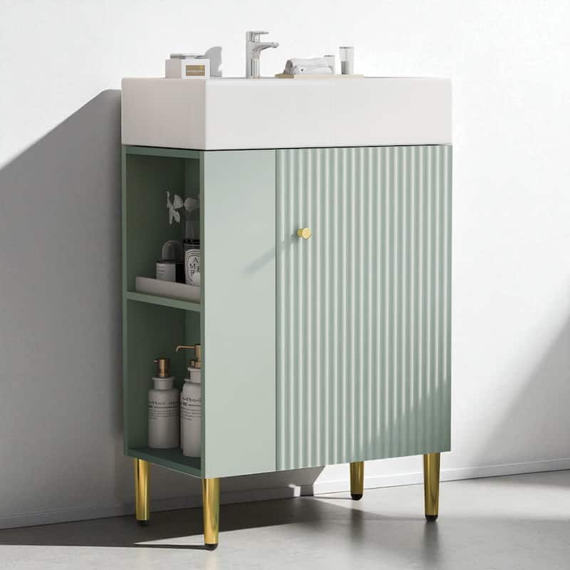 21.6" Bathroom Vanity with Sink, Left Side Storage Pocket, Ceramic Basin, Gold Legs, Modern Freestanding Cabinet - Green