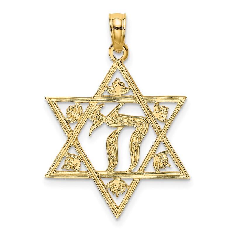 Curata 14k Yellow Gold Textured Jewish Star of David With Chai Center Necklace 26mm