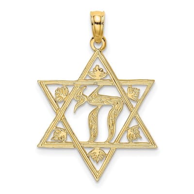 Curata 14k Yellow Gold Textured Jewish Star of David With Chai Center Necklace 26mm