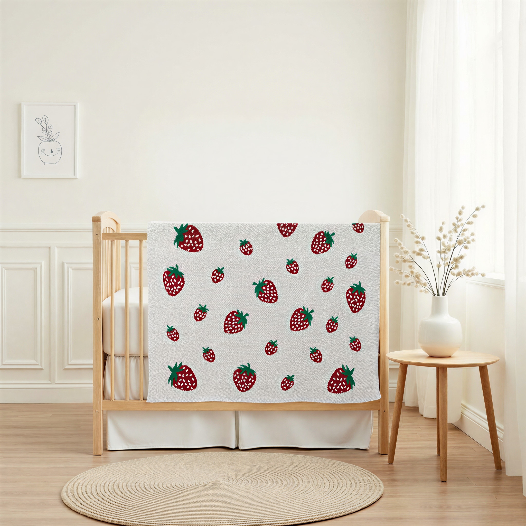 Cotton Knit Baby Blanket with Strawberry Pattern - 40.0"L x 32.0"W x 0.25"H