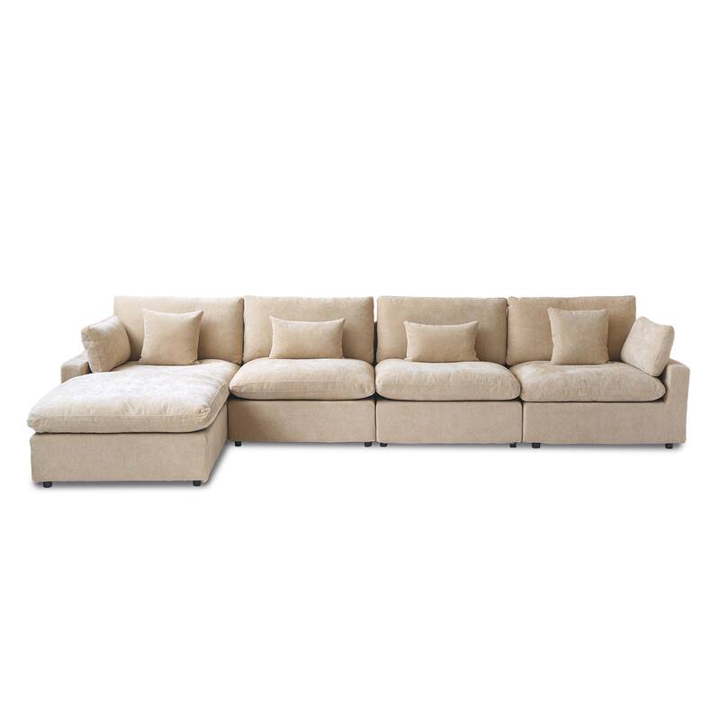 Modular Sectional Sofa Cloud Couch with Ottoman, L Shaped Linen Blend Fabric Minimalist Sectional Sofa for Living Room, Khaki