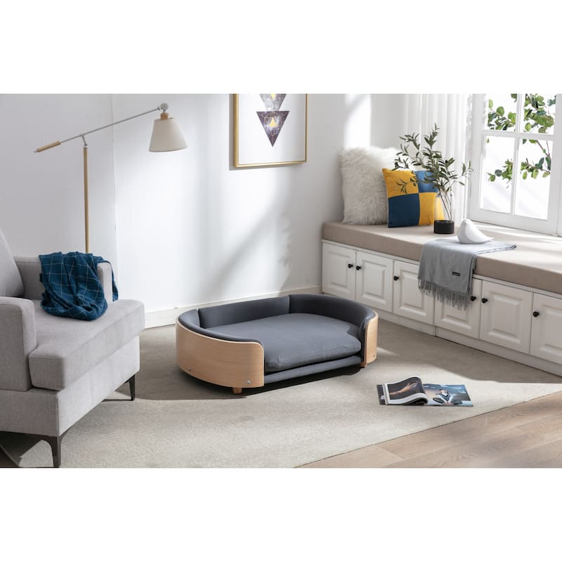 Scandinavian style Elevated Dog Bed Pet Sofa With Solid Wood legs and Bent Wood Back, Velvet Cushion,Large Size