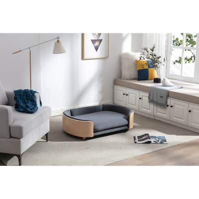 Scandinavian style Elevated Dog Bed Pet Sofa With Solid Wood legs and Bent Wood Back, Velvet Cushion,Large Size