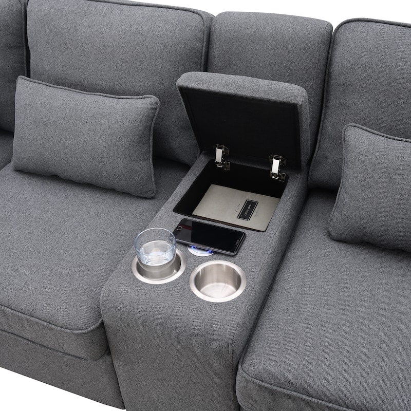 Modern Linen Fabric Upholstered Sofa with Console, 4Pillows,Cupholders,USB,Dark Gray