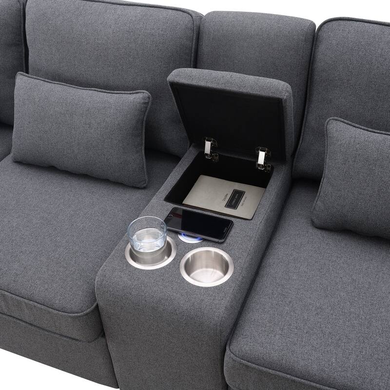 Modern Linen Fabric Upholstered Sofa with Console, 4Pillows,Cupholders,USB