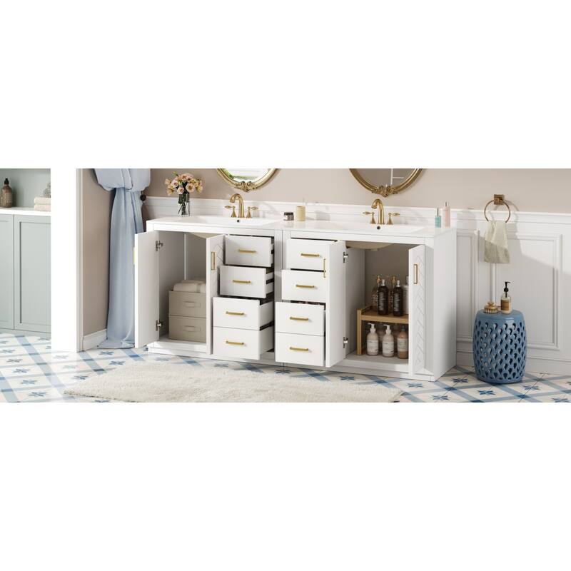 Roomfitters 72 Inch Bathroom Vanity with Ceramic Sink, Solid Wood Frame Cabinet with Sliding Tiers & Soft Close Doors, White