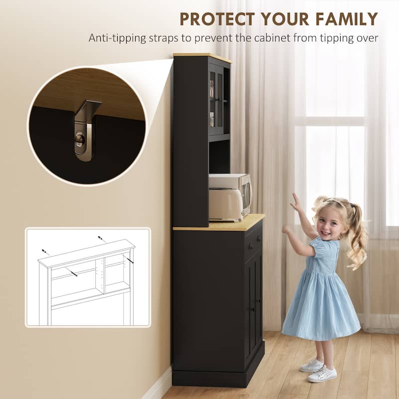 HOMCOM Kitchen Pantry Storage Cabinet with Microwave Stand, 71" Modern Kitchen Hutch with Glass Doors, Storage Drawers