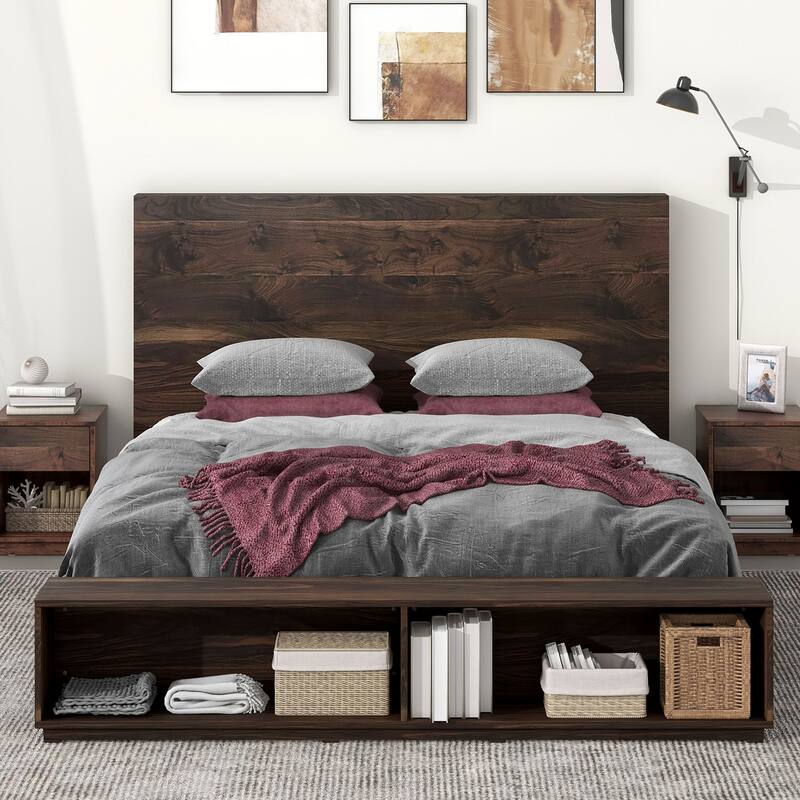 King Size Wood Platform Bed with Storage Bench in Walnut Bed Bath