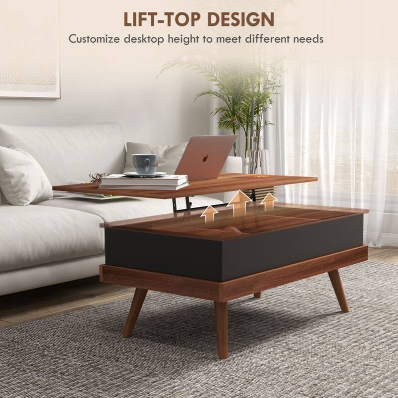 Lift Top Coffee Table, 39.25" Coffee Table with Hidden Compartments and Wood Legs, Walnut