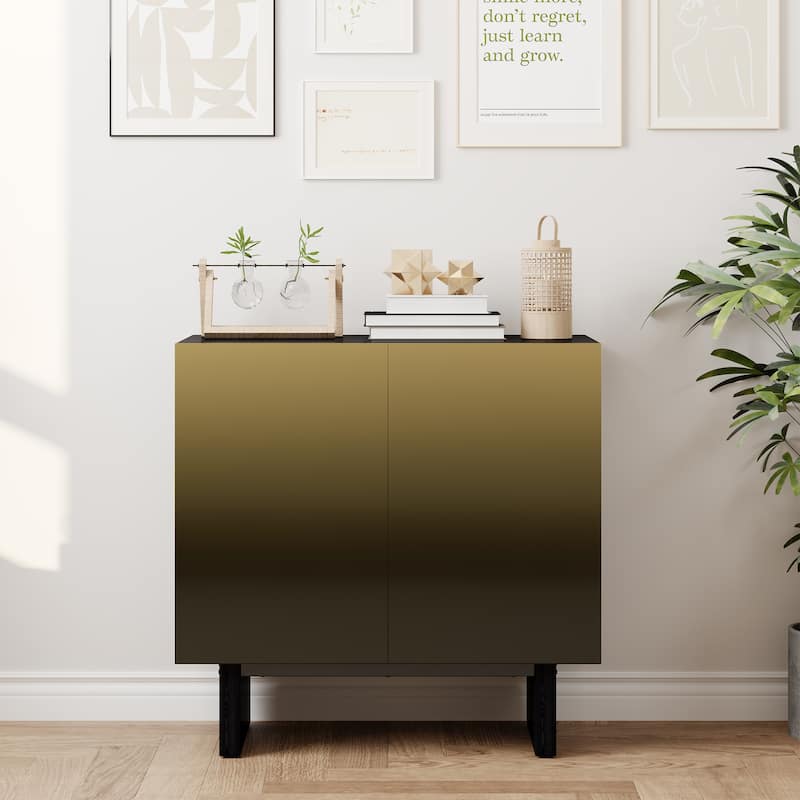 Modern Matte Black 2 Door Accent Cabinet with Gold Wire Mesh