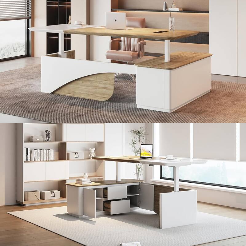 WESOME White Adjustable L Shaped Desk with LED Power Outlets, Electric Sit and Stand Desk