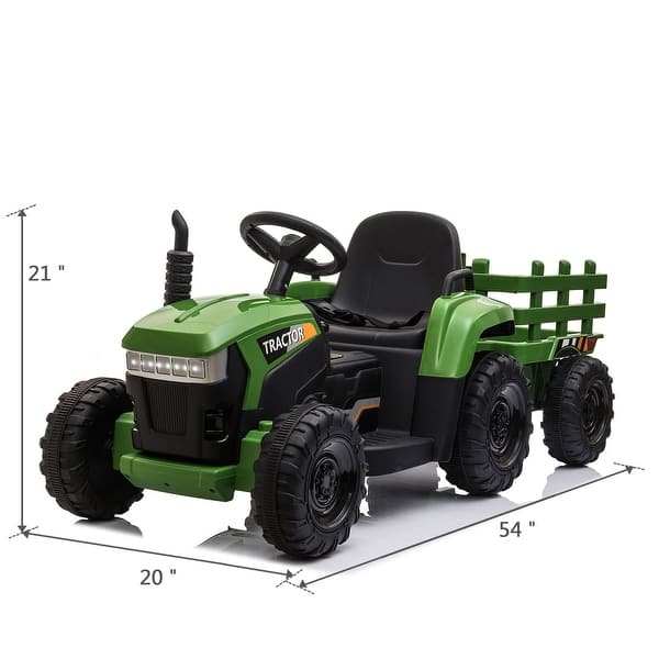 dimension image slide 0 of 2, 12V Kids Ride On Tractor with Trailer, Battery Powered Electric Car w/ Music, USB, Music,LED Lights, Vehicle Toy for 3 to 6 Ages