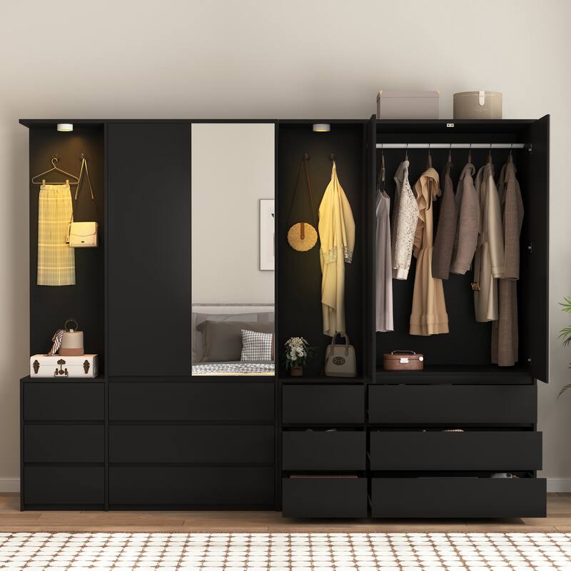 6 Drawers Armoire Wooden Bedroom Wardrobe Closet with Mirrored Door, Storage Shelves and Hanging Rail