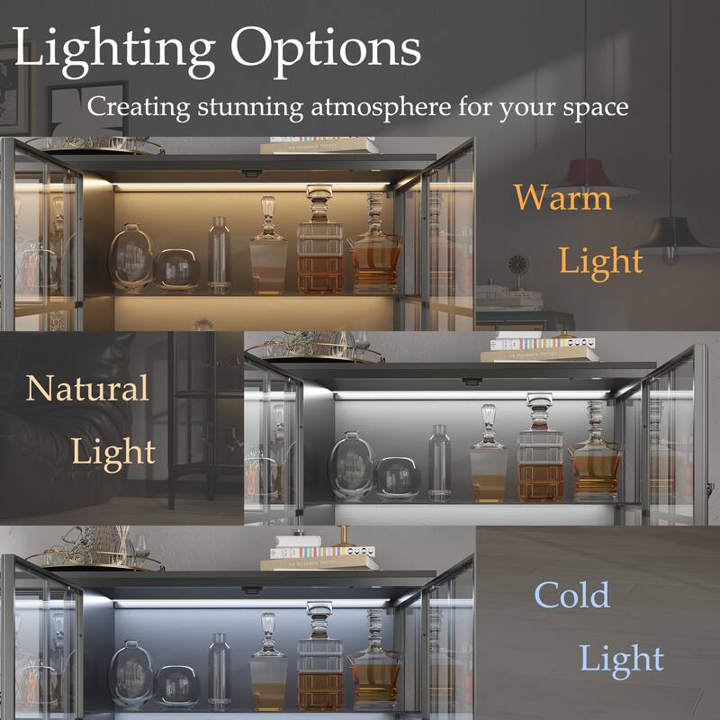 63" Black Glass Door Sideboard Cabinet with LED Lights, Metal Frame Storage Buffet Cabinet Wine Cabinet