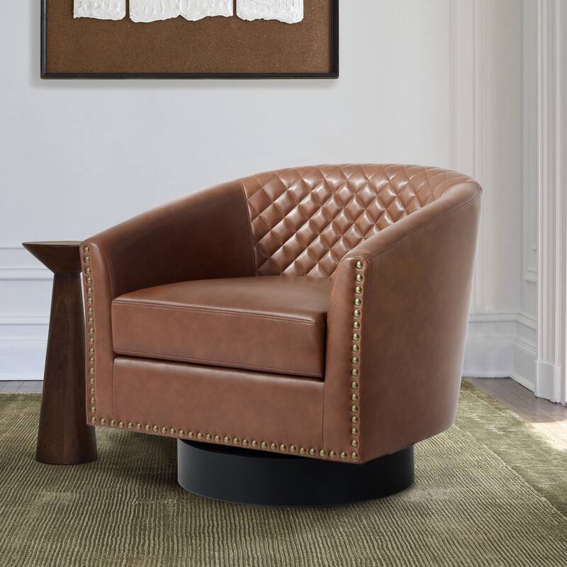 Tufted PU Vegan Leather Swivel Barrel Chair with Nailheads Trim