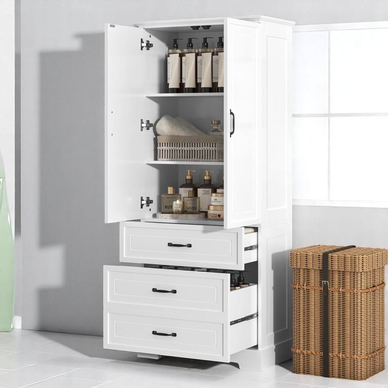 Freestanding Bathroom Storage Cabinet with Adjustable Shelves, Drawers & Doors, White Painted MDF Cabinet