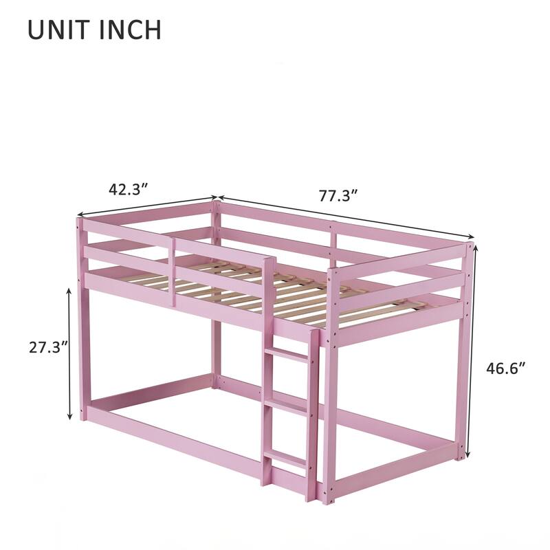 Wooden Twin over Twin Floor Bunk Bed with Ladder, with Bed Platform of Strengthened Slats