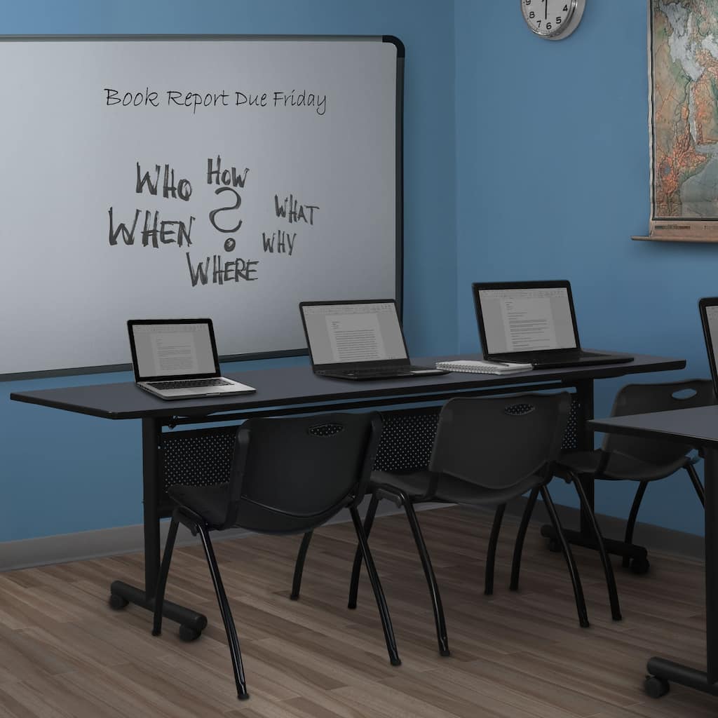 84" x 24" Flip Top Mobile Training Table with Modesty Panel- Grey and 3 "M" Stack Chairs- Black