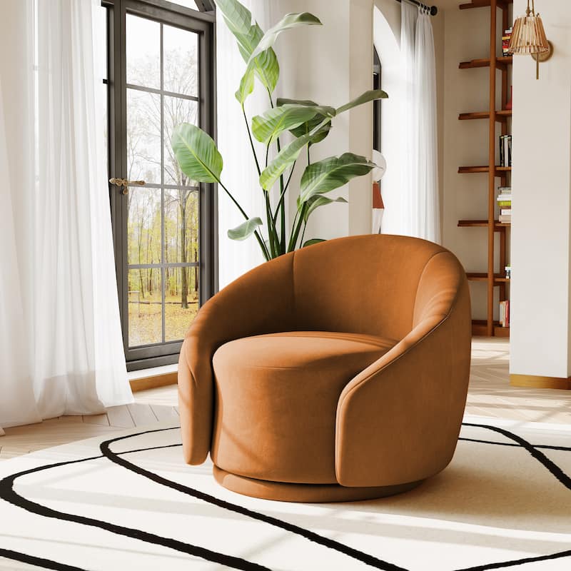 35" Wide Velvet/ Boucle Swivel Barrel Accent Chair - Velvet - Orange