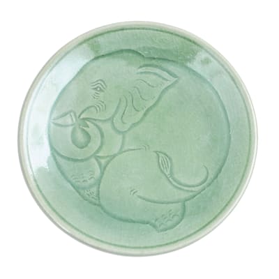 Novica Handmade Sleeping Elephant Celadon Ceramic Dessert Plate