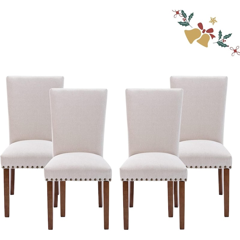 Upholstered Parsons Dining Chairs Set of 2/4/6, Fabric Dining Room Kitchen Side Chair with Nailhead Trim and Wood Legs - Set of 4 - F-Beige