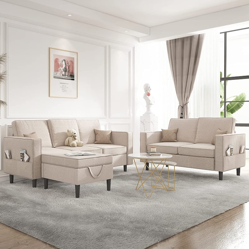 Mixoy Convertible Sectional Sofa Couches,3-Seater with Loveseat,Ottoman - Beige