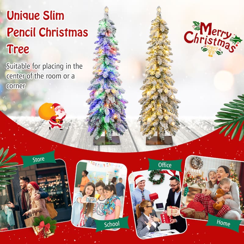 Gymax 4/5/6 FT Pre-Lit Artificial Christmas Tree Snow-Flocked Slim