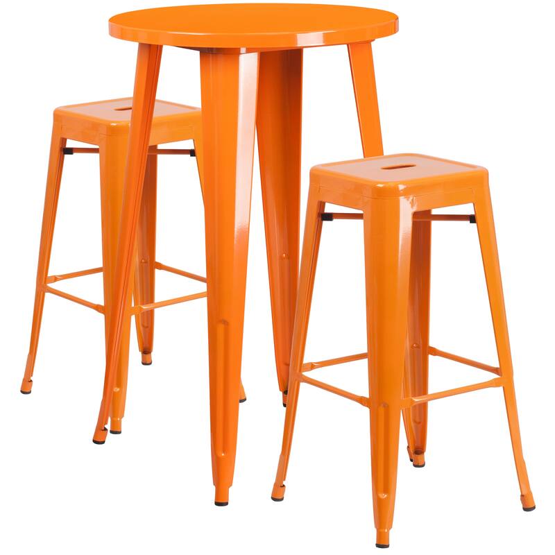 24'' Round Metal Indoor-Outdoor Bar Table Set with 2 Square Seat Backless Stools