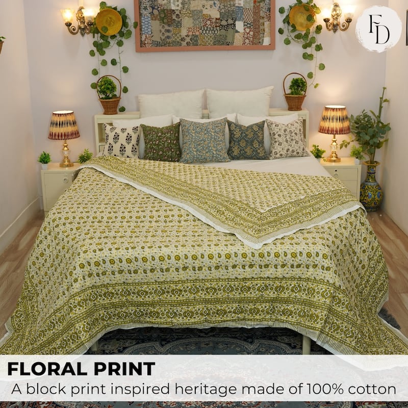 Fabdivine Organic Cotton Quilt - Blue Green Floral, Reversible Handmade Natural Boho Bedding for Bedroom & Living Spaces