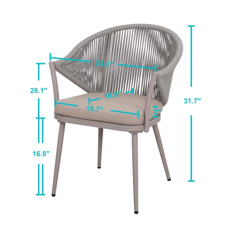Aluminum Patio Outdoor Dining Chair Woven Rope Armchair with Removable Gray Cushion (2-Pack)