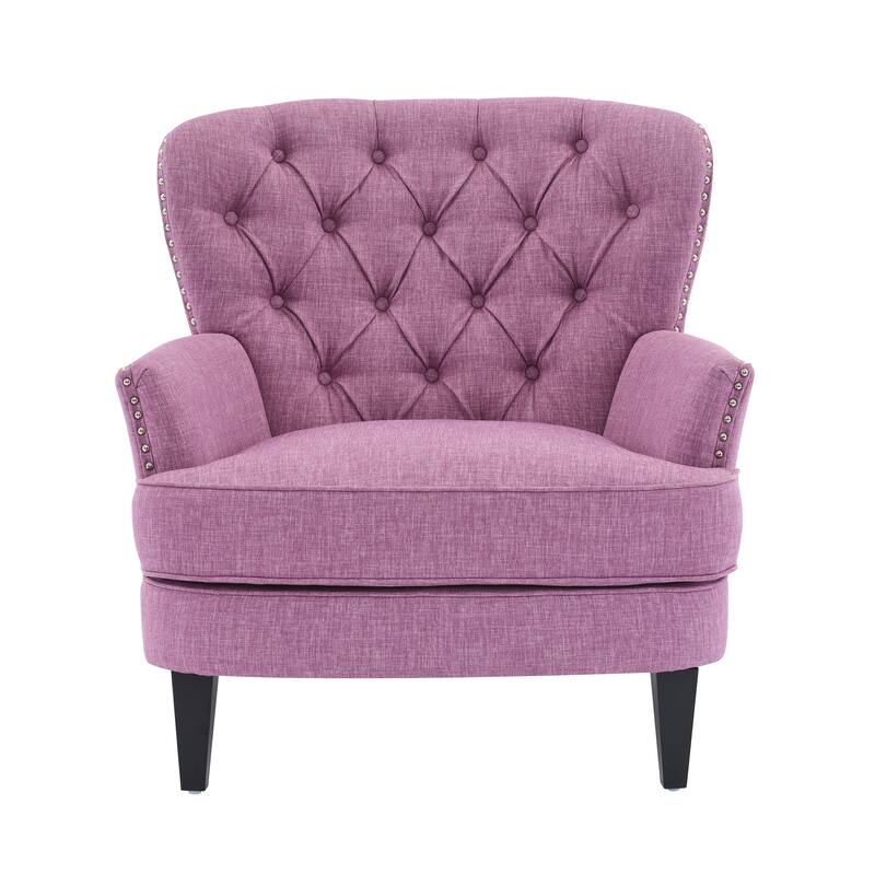 Vintage Upholstered Lounge Chair, Tufted Single Sofa Armchair with Nailhead Trim, Wood Legs, Curved Backrest for Bedroom, Office