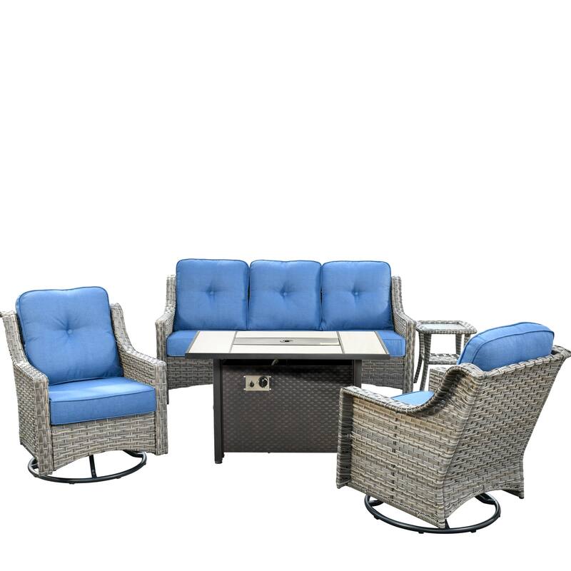 HOOOWOOO 5-piece Wicker Outdoor Furniture Swivel Chairs Set with Fire Pit