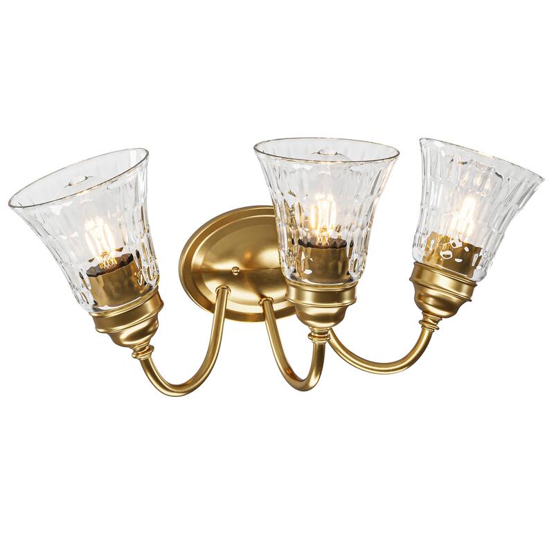 Gold 3-Light Vanity Light, 19.3" Wide, Crystal Flower Glass Shades, Bathroom Mirror