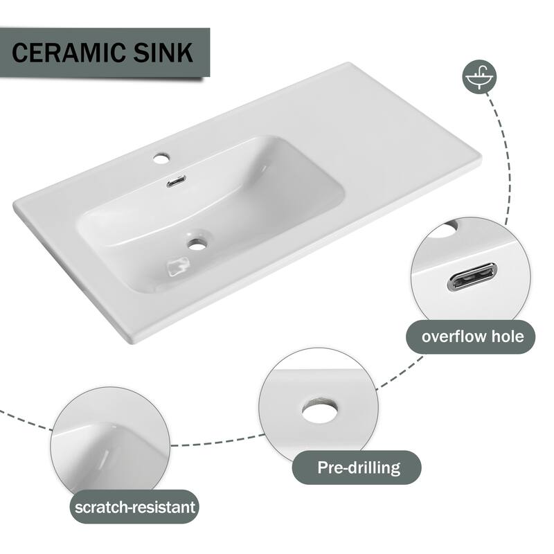 Wall-Mounted Bathroom Vanity with Soft-Close Doors, Ceramic Sink, Eco-Friendly Plywood Cabinet, Ample Storage - 39.6in L Plywood