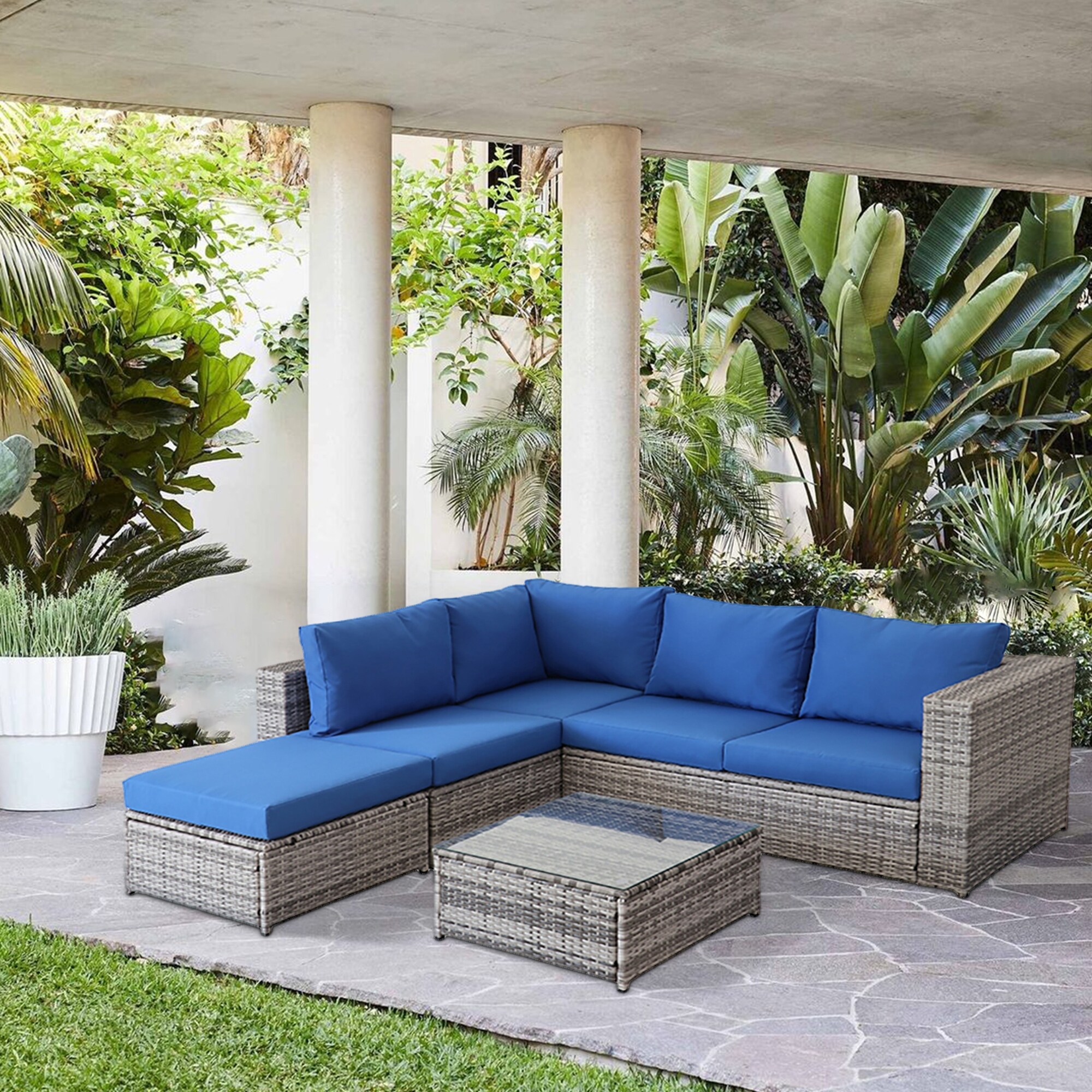 5 Pieces PE Wicker Rattan Corner Sofa Set black frame grey