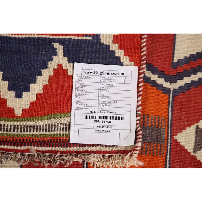Vegetable Dye Kilim Qashqai Persian Vintage Flatweave Wool Carpet - 4'5" x 8'2"