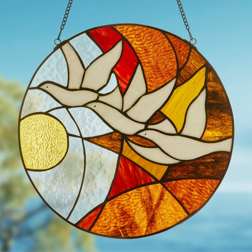 Doves in Flight at Sunset River of Goods Multicolored Stained Glass Suncatcher Window Panel - 14" x 0.25" x 14"