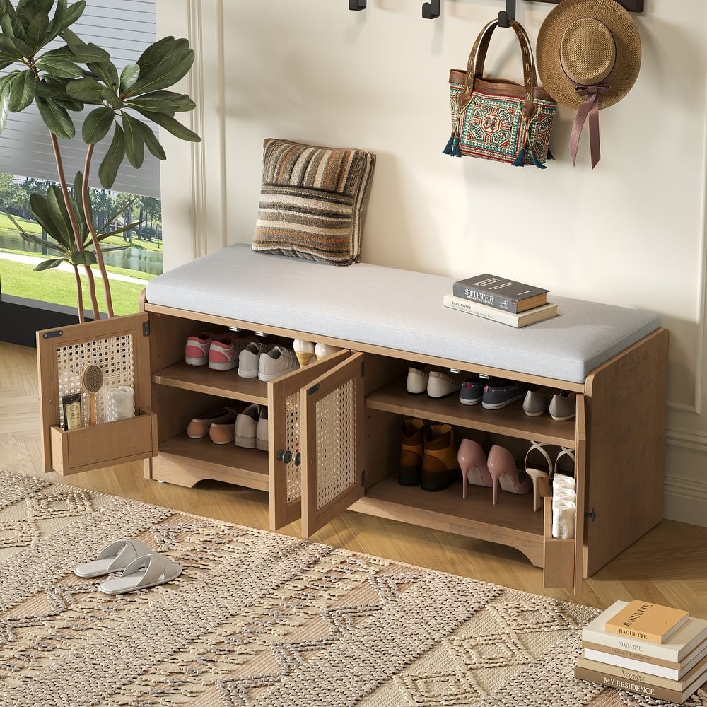 Rustic Storage Bench with Removable Cushion and Woven Rattan Doors
