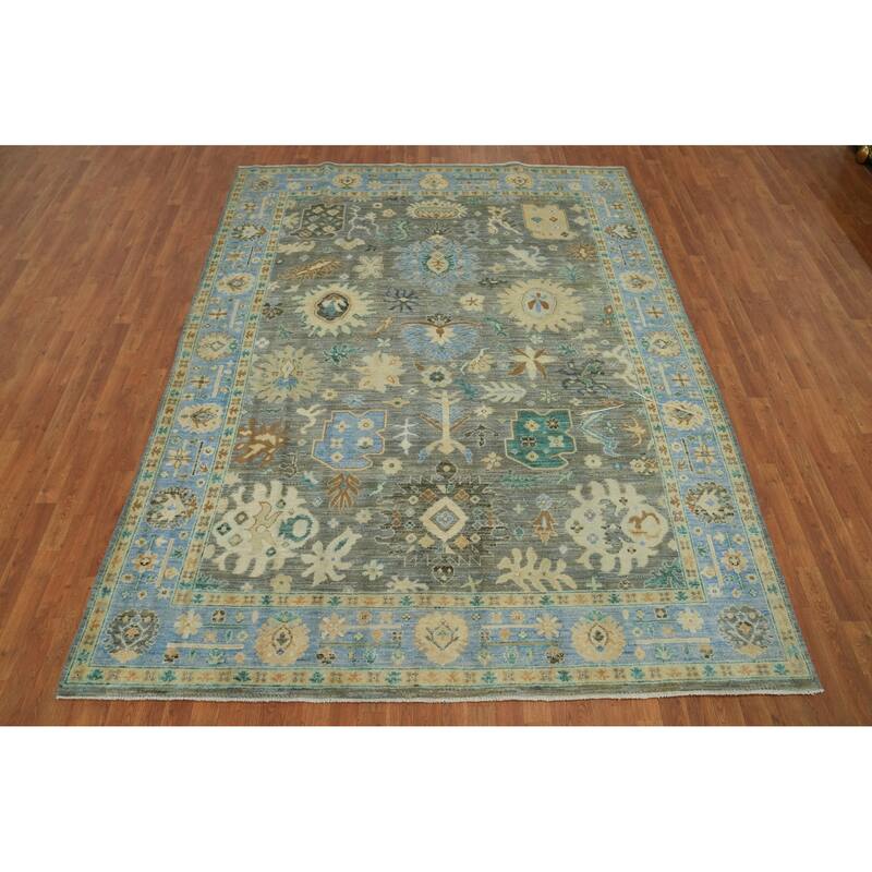 Vegetable Dye Wool Oushak Turkish Area Rug, Floral Geometric Carpet - 10' 3'' X 7' 9''