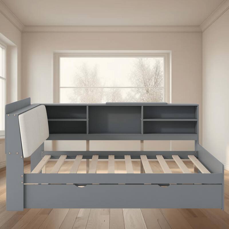 Full Size Wooden Platform Bed Frame with Trundle and Storage Headboard, Perfect for Small Spaces, Bedroom Furniture - Grey - Full