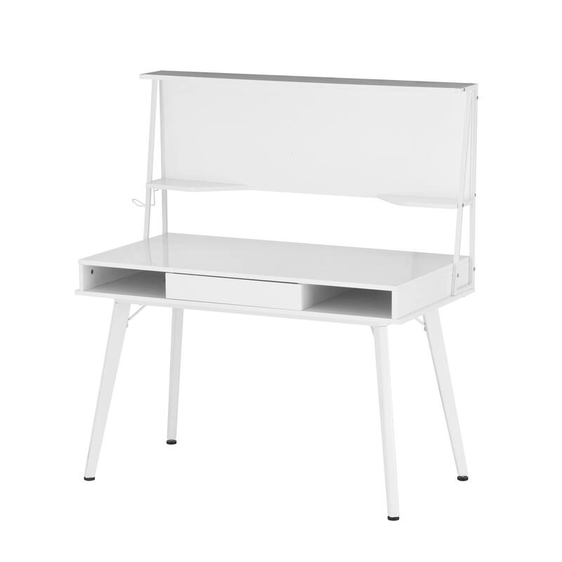 Modern Computer Desk with Magnetic Dry Erase Board, Open Storage Areas, and Top Shelf for Home Office or Study
