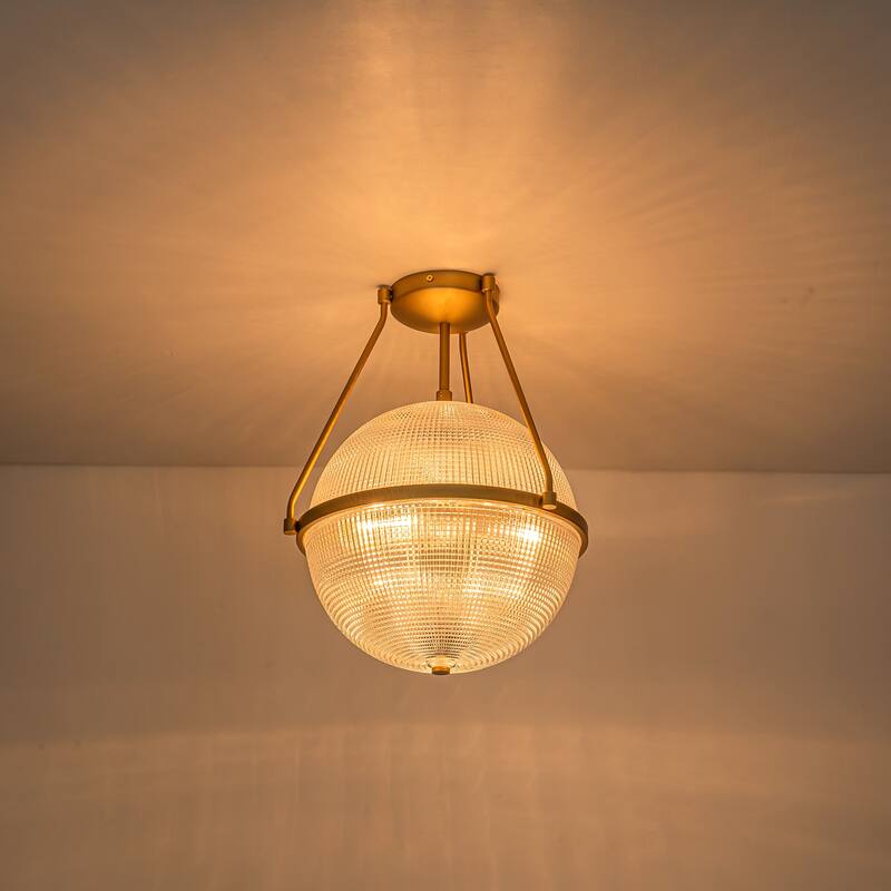 3-Light Mid-Century Modern Grid Textured Glass Globe Bubble Semi-Flush Mount Light for Dining Room - 13.7 in. W x 17.1 in. H