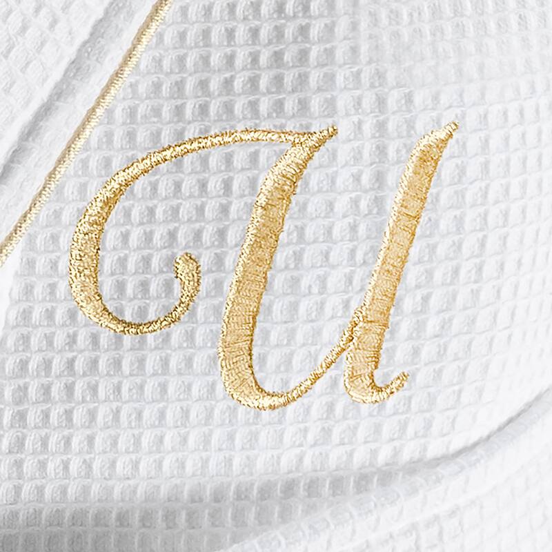 Authentic Hotel and Spa White/Gold Unisex Turkish Cotton Waffle Weave Terry Bath Robe with Gold Script Monogram