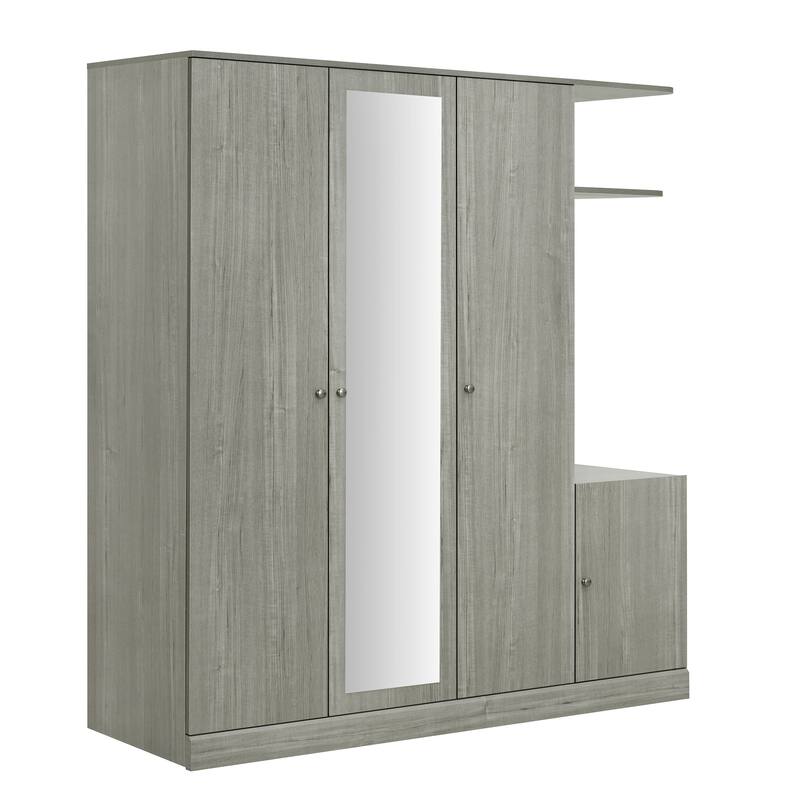 Freestanding Wardrobe with Full-Length Mirror, Shelves & Drawer, 4-Door Armoires Bedroom Storage Cabinet