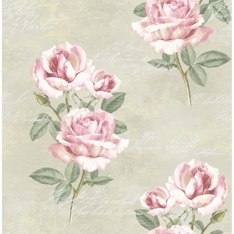 Seabrook Designs Edgewood Floral Script Unpasted Wallpaper - 20.5 in. W x 33 ft. L bolt 56 sq. ft. - Metallic Alabaster & Blush