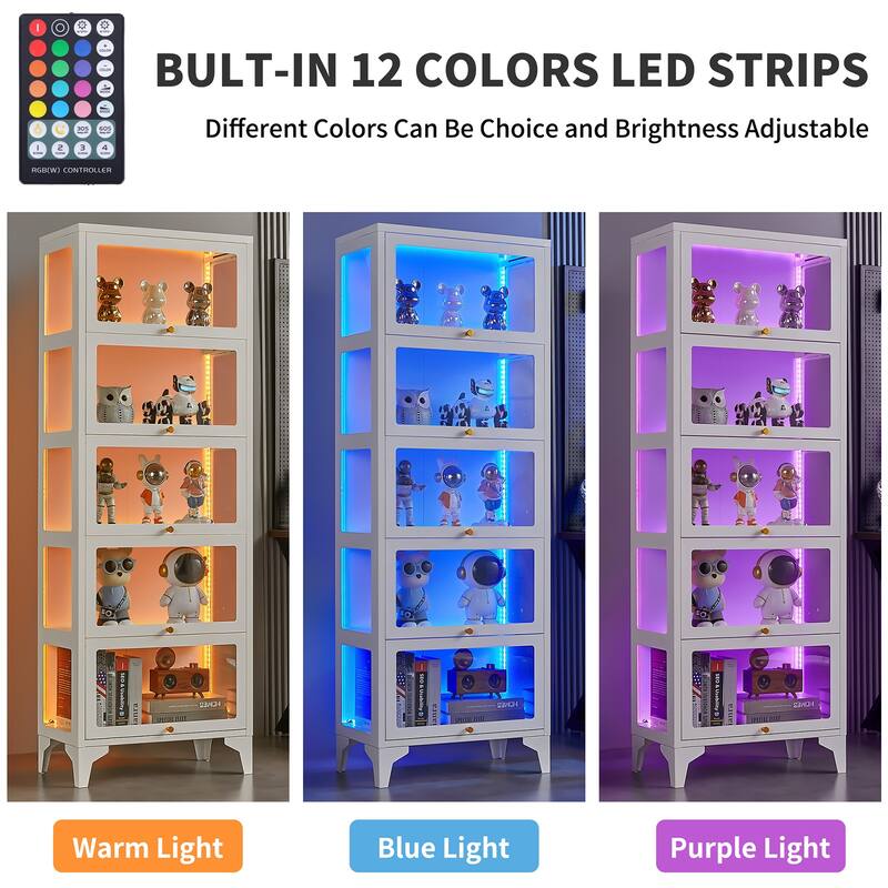 4/5-Tier Curio Display Cabinet with Glass Flip Doors & LED Light Strip